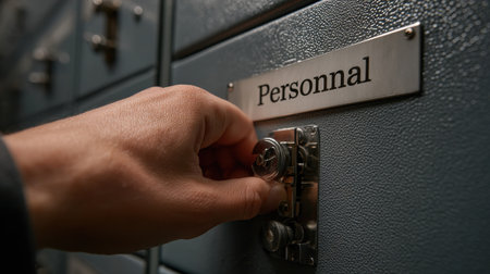 A person is trying to open a locker with the word Personal on it. The person is reaching for the lock, and the locker is blueの素材