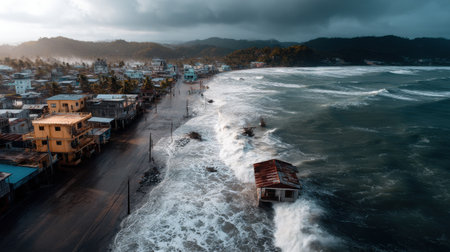 A storm is coming in and the ocean is crashing into the shore. The houses are being destroyed and the people are in dangerの素材