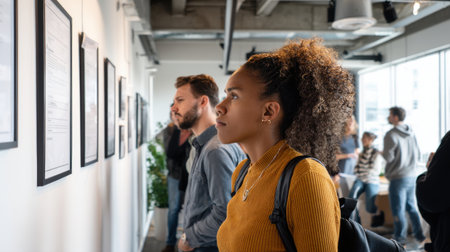 A group of people are looking at a wall of framed papers. The woman in the yellow shirt is looking at the wall with a serious expressionの素材