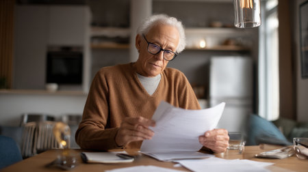 An older man is sitting at a table reading a piece of paper. He is wearing glasses and a brown sweater. The scene suggests that he might be reading important information or a documentの素材
