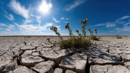 A barren desert landscape with a lone plant growing in the middle. The sun is shining brightly, casting a warm glow on the dry, cracked earth. Concept of solitude and desolationの素材