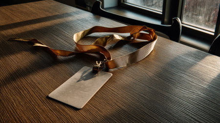 A gold ribbon is laying on a wooden table. The ribbon is tied to a tag that is whiteの素材