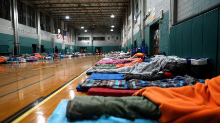 A gymnasium filled with beds and blankets. The beds are all lined up in rows, and the blankets are spread out on the floor. Scene is one of chaos and disorganization, as the bedsの素材