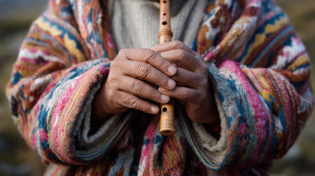 A person holding a flute in their hands while wearing a colorful jacket. Concept of warmth and comfort, as the person is dressed in a cozy outfit and playing a musical instrumentの素材