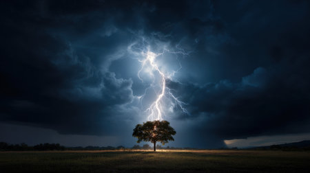 A tree is lit up by a lightning bolt in the middle of a field. The sky is dark and stormy, with the tree standing out as a symbol of hope and strength in the midst of the chaosの素材