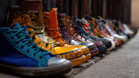A row of colorful shoes, including blue, yellow, and red, are lined up on a sidewalkの素材