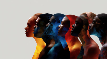 A group of people are shown in a row, with their faces obscured by a blue and red background. Concept of unity and diversity, as the people come from different backgrounds and culturesの素材
