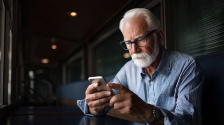 An older man is sitting at a table with a cell phone in his hand. He is looking at the screen, possibly texting or browsing the internet. Concept of solitude and contemplationの素材