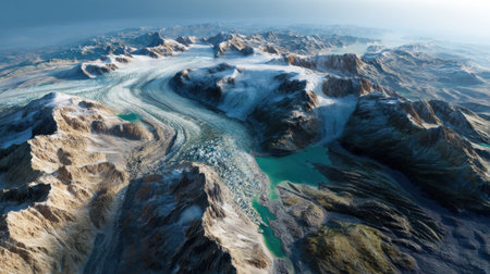 A beautiful landscape with mountains and a river. The mountains are covered in snow and the river is blue. The sky is cloudy and the overall mood of the image is serene and peacefulの素材