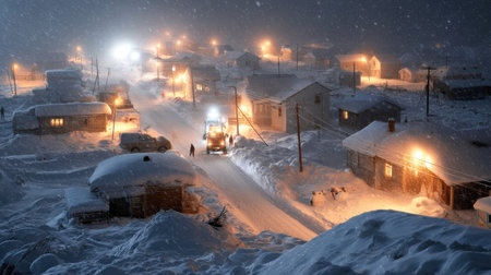 A snowy town at night with a truck driving down the street. The houses are small and the street is covered in snow. Scene is peaceful and quiet, with the only sounds being the truckの素材