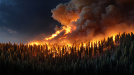 A forest fire is raging through a wooded area. The sky is dark and cloudy, and the fire is spreading rapidly. The trees are blackened and charred, and the smoke is billowing into the skyの素材