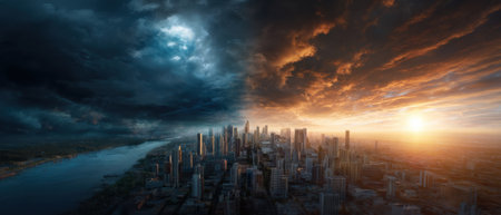 The sky is dark and stormy with a city in the background. The city is split in half, with one side being bright and sunny while the other side is dark and stormyの素材