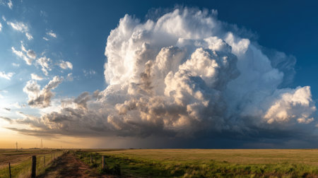 A large cloud is in the sky, and the sun is setting. The sky is mostly blue, with a few clouds scattered throughout. Scene is peaceful and serene, as the sun sets and the clouds move across the skyの素材
