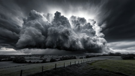 A large cloud of dark stormy clouds looms over a field. The sky is filled with dark, ominous clouds, and the atmosphere is tense and foreboding. Concept of impending danger and uneaseの素材
