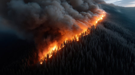 A fire is burning through a forest, with smoke billowing into the sky. The scene is dark and ominous, with the fire consuming everything in its path. Scene is one of danger and destructionの素材