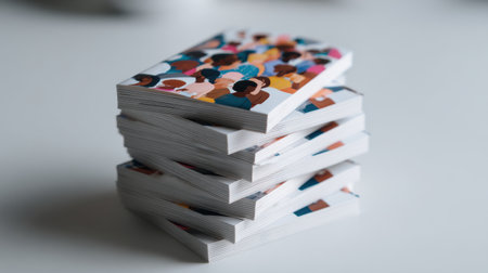 A stack of cards with people on them. The cards are white and have a colorful design. Concept of unity and diversity, as the people on the cards are of different races and ethnicitiesの素材