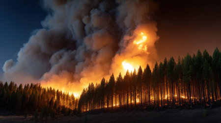 A forest fire is raging through a wooded area, with smoke billowing into the sky. The scene is dark and ominous, with the fire casting an eerie glow on the trees. Scene is one of dangerの素材