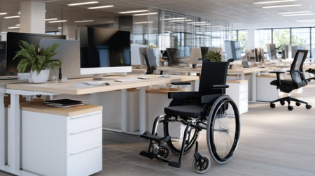 A wheelchair is parked in a large office with a potted plant on a desk. The office is well-lit and has a modern designの素材