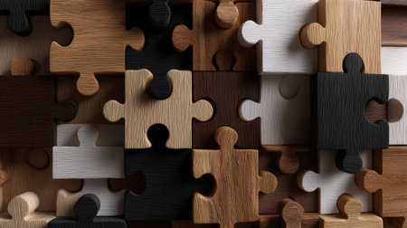 A jigsaw puzzle made of wood pieces in various colors. The puzzle is made up of many pieces, and the colors are brown, black, and white. Concept of creativity and craftsmanshipの素材