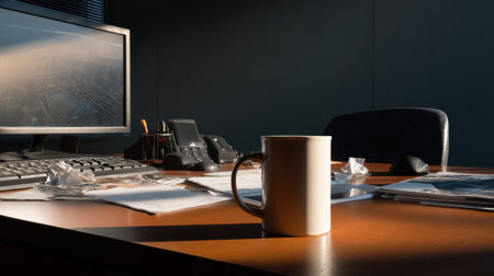 A white coffee mug sits on a desk with a computer monitor and a phone. The desk is cluttered with papers and a mouse. Concept of productivity and workの素材