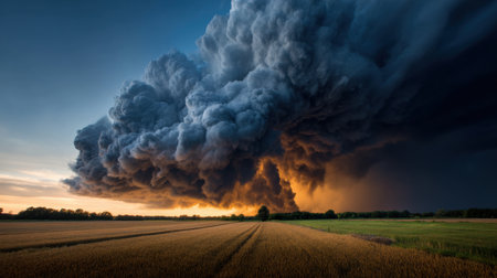 A large cloud of smoke is rising from the ground. The sky is dark and the sun is settingの素材