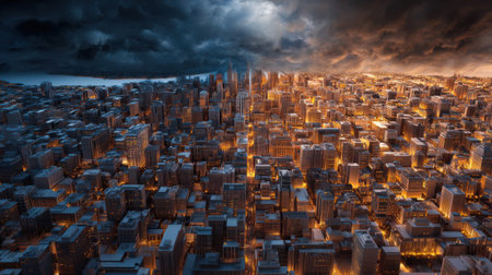 A cityscape with a dark sky and a bright orange city. The city is lit up with lights, creating a contrast between the darkness of the sky and the brightness of the city. Scene is one of excitementの素材