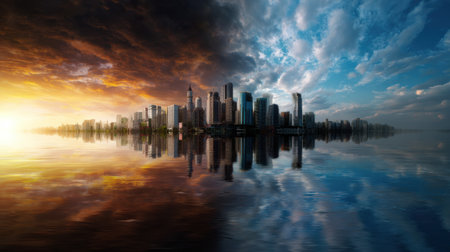 A city skyline is reflected in the water, with the sun setting in the background. The image has a serene and peaceful mood, with the calm waterの素材