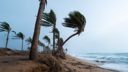 A beach with palm trees and a storm in the distance. The palm trees are bent and leaning over, and the waves are crashing against the shore. Scene is one of destruction and chaosの素材