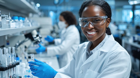 A woman in a lab coat is smiling and holding a test tube. She is wearing a lab coat and gloves, and there are other people in the background. Concept of happiness and accomplishmentの素材