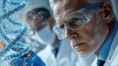 A man in a lab coat is looking at a DNA strand. Concept of scientific curiosity and explorationの素材