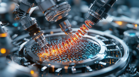 A group of robotic arms are working on a piece of machinery. The machinery is a complex piece of technology with many moving parts. The robotic arms are focused on a small. The scene is futuristicの素材