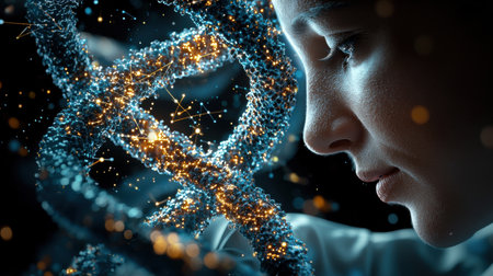 A woman is looking at a DNA strand. The image is a representation of the structure of DNA and the woman's curiosity about itの素材