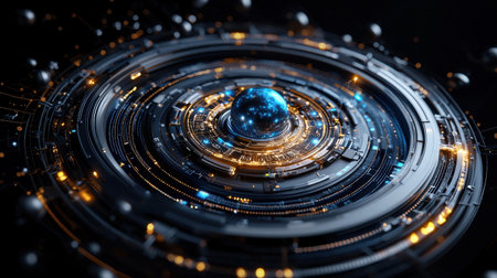 A glowing sphere with a blue center is surrounded by a ring of glowing lights. The image has a futuristic and otherworldly feel to itの素材