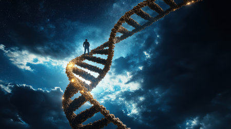 A man stands on a ladder in front of a DNA strand. The image has a mysterious and scientific feel to itの素材