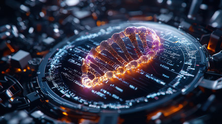 A glowing DNA strand is displayed in a computer screen. Concept of wonder and fascination with the complexity of life and the intricacies of the human bodyの素材