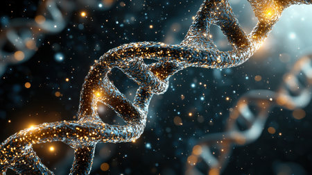A glowing DNA strand is shown in a dark background. The strand is made up of many small pieces of gold, which give it a shimmering appearanceの素材