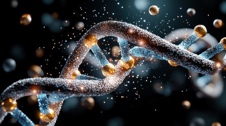 A DNA strand is shown in a blurry, abstract style with a lot of small, colorful beads. Concept of complexity and mystery, as the DNA strand is a fundamental building block of lifeの素材
