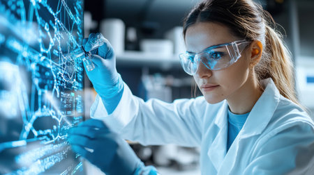 A woman in a lab coat is writing on a computer screen. She is wearing safety goggles and glovesの素材