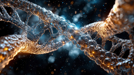 Two strands of DNA, one of which is orange. The strands are twisted and intertwined, creating a sense of complexity and mystery. The orange strand stands out against the dark backgroundの素材