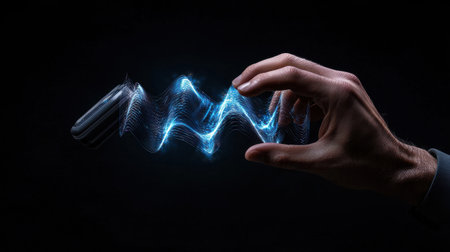 A hand is holding a device that is emitting a blue light. Concept of technology and innovation, as well as the idea of progress and advancementの素材