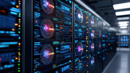 A computer server room with many computer monitors. The monitors are all lit up and have a futuristic look to them. The room is filled with a sense of technology and innovationの素材