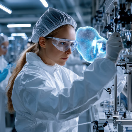 A woman in a lab coat is wearing goggles and looking at a computer screen. She is wearing a white lab coat and a white hatの素材