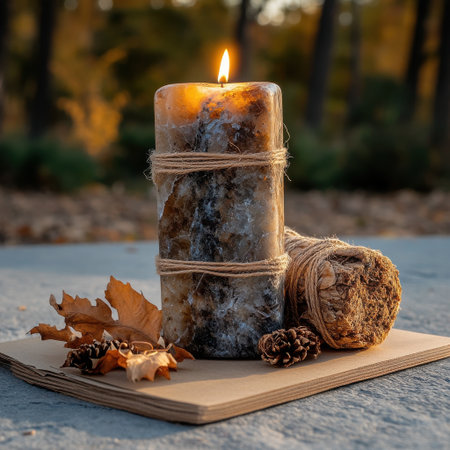 A candle is lit on a wooden board with leaves and pine cones. The candle is surrounded by pine cones and leaves, creating a natural and calming atmosphereの素材