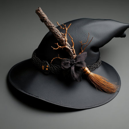 A black witch's hat with a broomstick on top. The hat is decorated with a branch and a black ribbonの素材