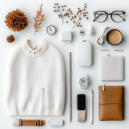 A white sweater, a watch, a cell phone, a pen, and a cup. The scene is set on a table with a vase of flowers and a bowl of fruitの素材