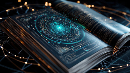 A book with a blue circle on the cover. The circle is surrounded by a lot of lines and dotsの素材