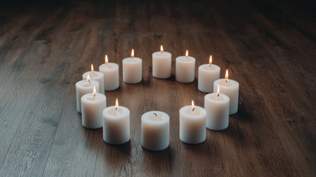 A dozen candles are arranged in a circle on a wooden table. The candles are lit and the scene has a warm, cozy atmosphereの素材