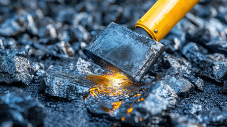 A yellow tool is being used to break up a pile of rocks. Concept of hard work and determination, as the person is using the tool to break apart the large rocksの素材
