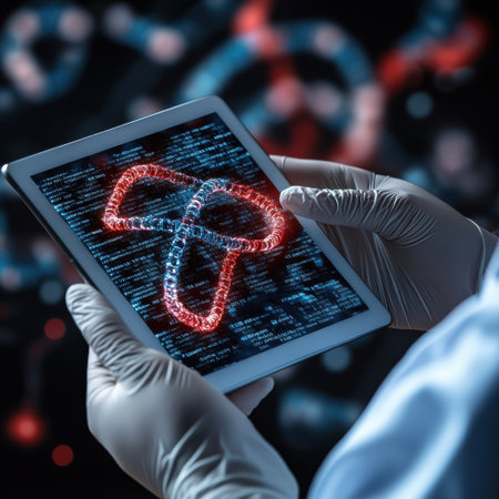 A person is holding a tablet with a DNA symbol on it. Concept of scientific discovery and exploration, as the person is likely a researcher or scientist studying geneticsの素材