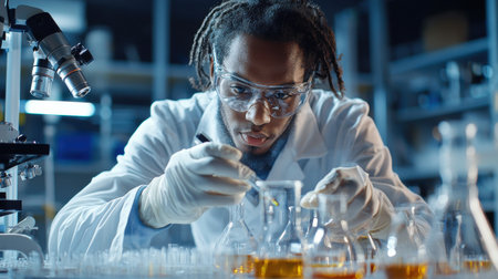 A man in a lab coat is working with various glass beakers and test tubes. He is wearing gloves and a lab coat, and he is focused on his work. Concept of scientific exploration and discoveryの素材